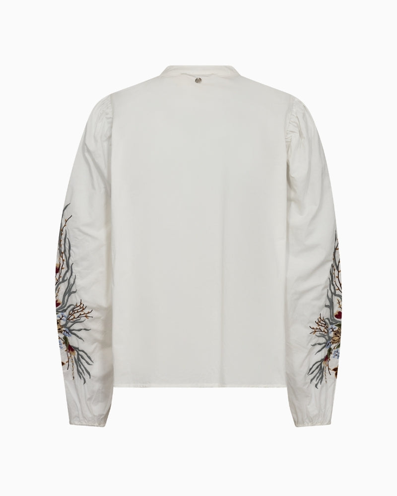 Back of White cotton shirt by Mos Mosh with floral embroidered sleeves and mandarin collar
