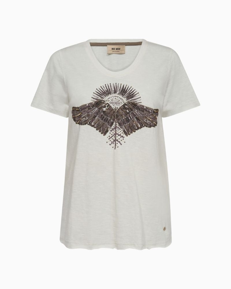 Mos Mosh Nadine Deco Tee in white cotton with embroidered and beaded angel wing front