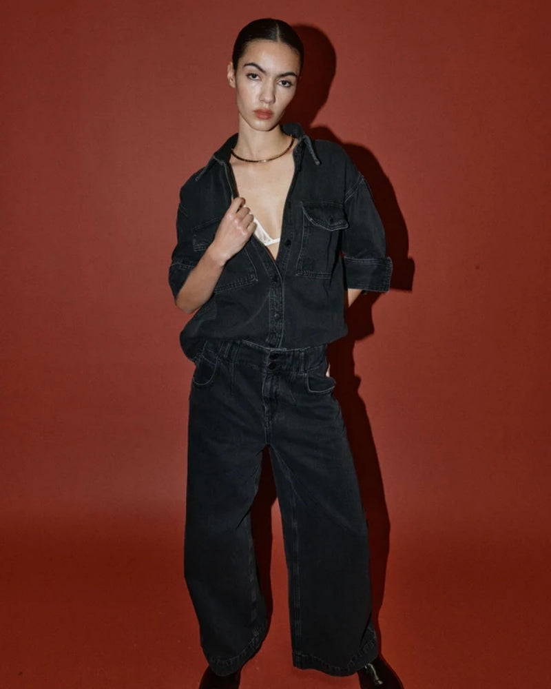 Mos Mosh Noble Drapy Pant in washed black wide-leg denim