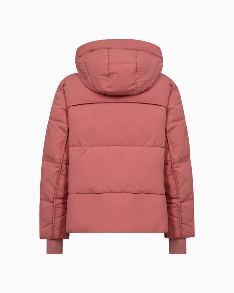 Back of Warm puffer jacket styled with knitwear for cold weather layering