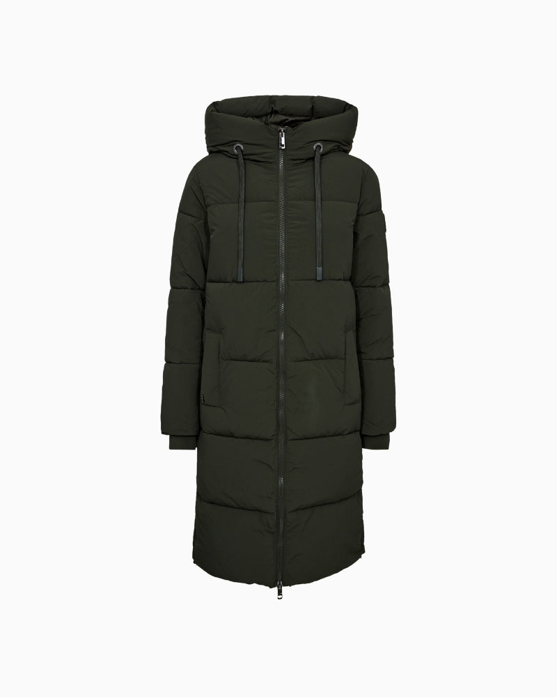 Long black thermal puffer coat by MOS MOSH with hood and full zip closure
