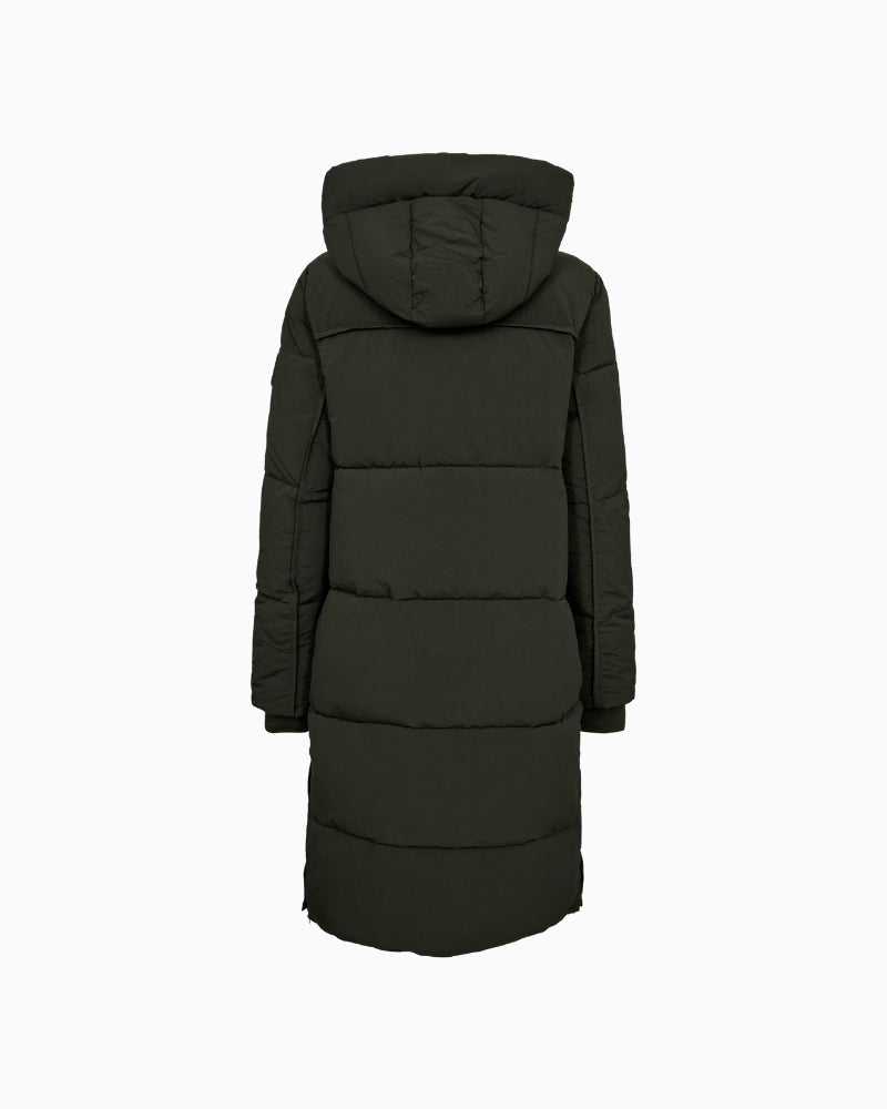 Back view of MOS MOSH long puffer coat with sleek nylon finish and winter fit