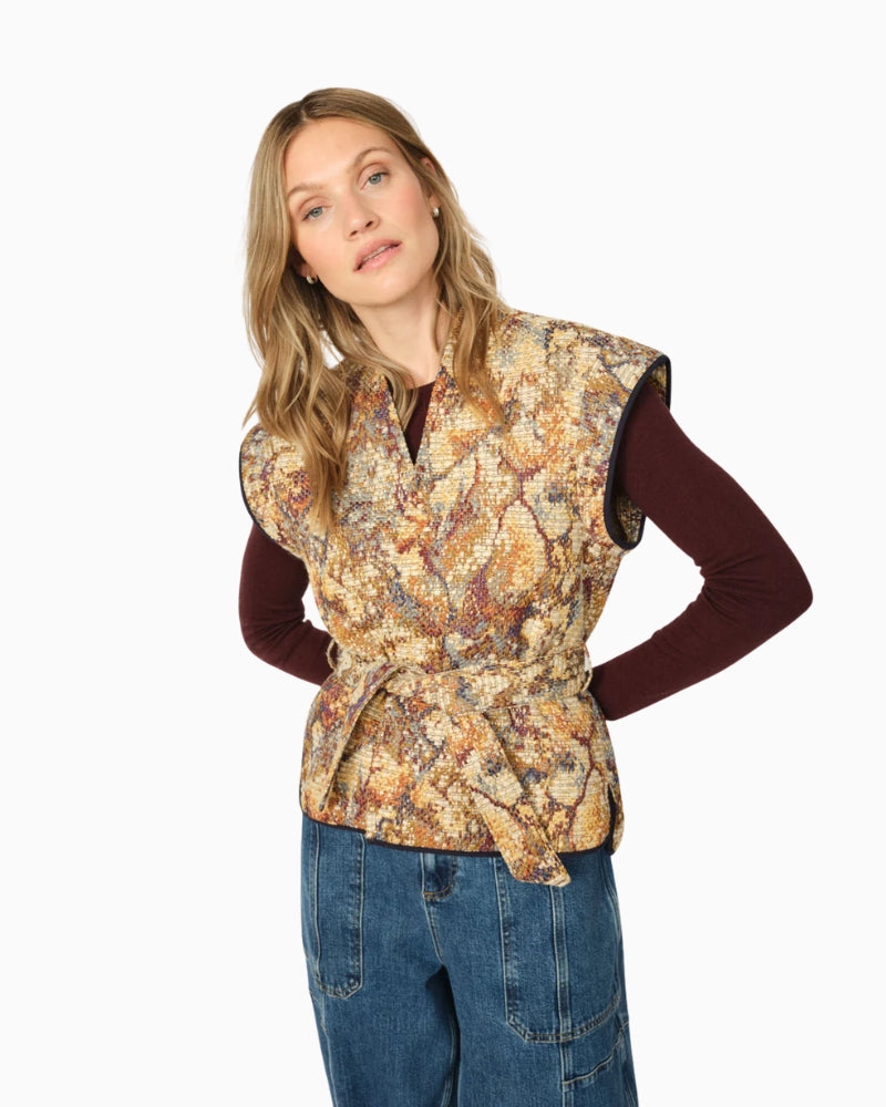 Front view of Mos Mosh Oz Wired Vest with matching belt and bold patterned fabric