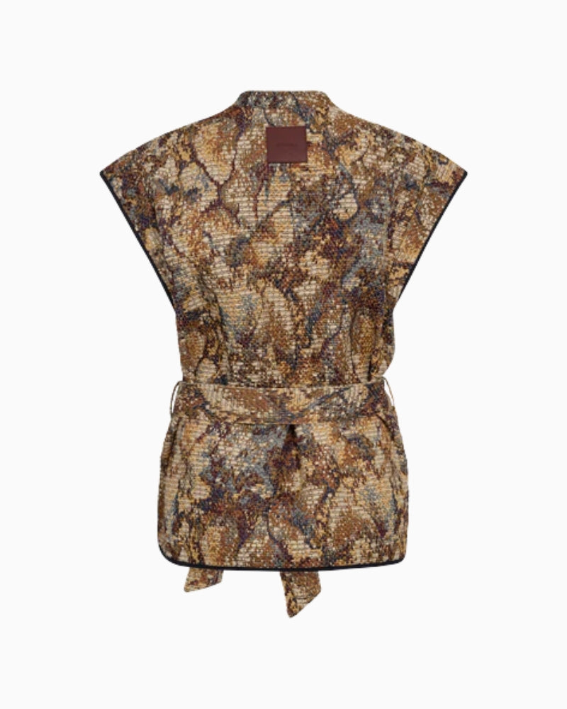 Back view of sleeveless belted vest with textured woven design