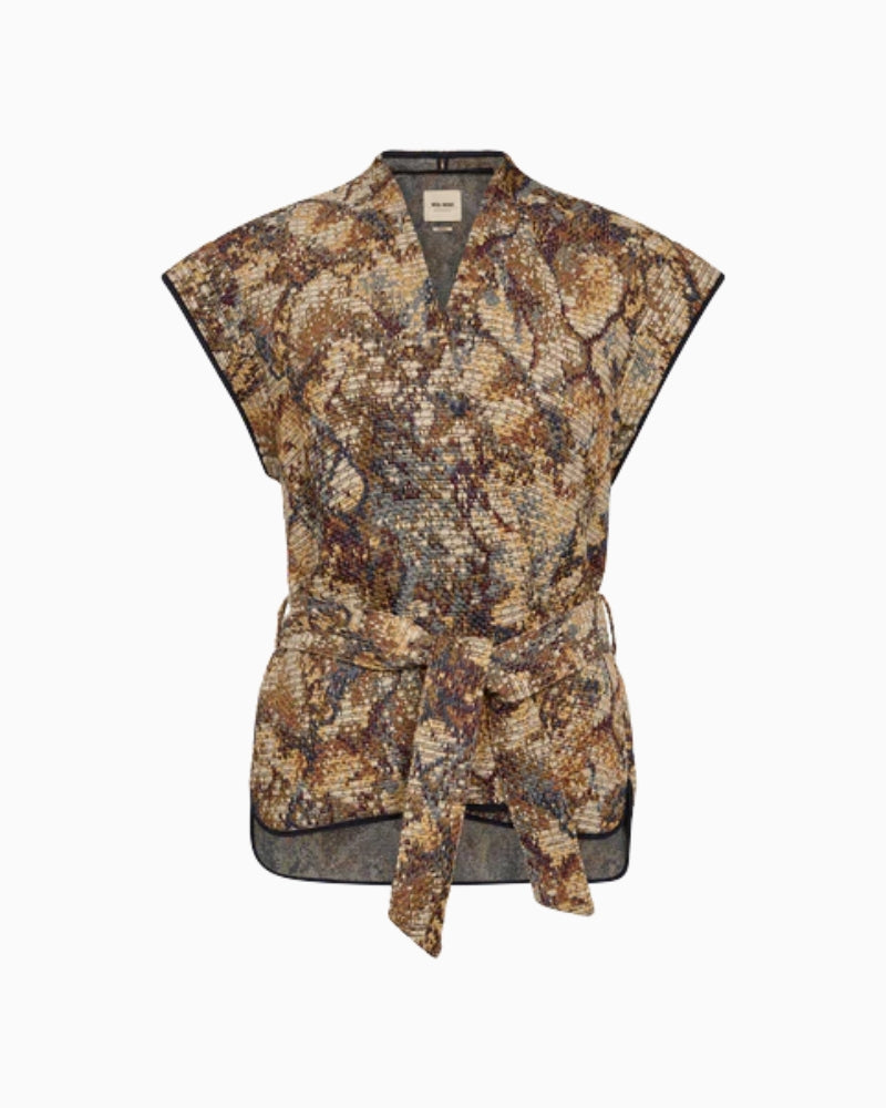 Front view of Mos Mosh Oz Wired Vest with matching belt and bold patterned fabric