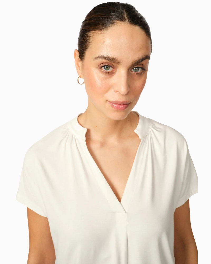 Mos Mosh Shira Tee close-up of V-neck and pleats | Áines Boutique