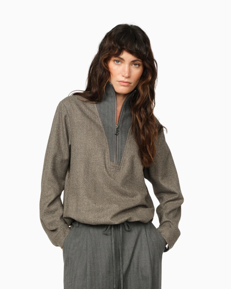 Close-up of smocked cuffs and half-button placket detail