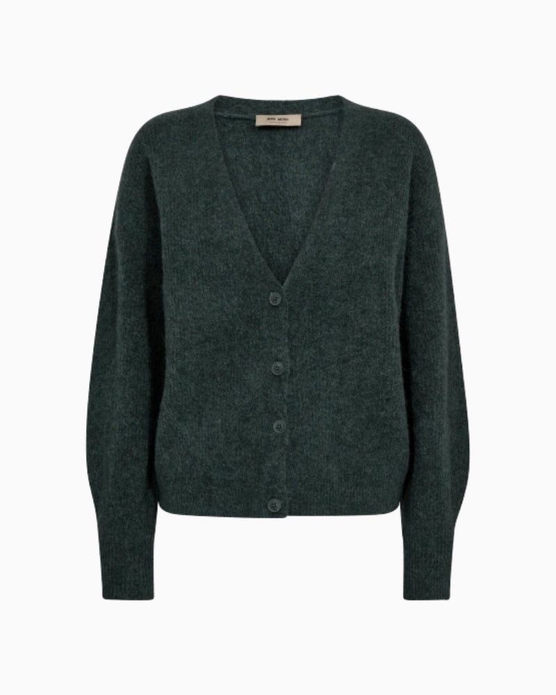 Front view of Mos Mosh Thora V-neck knit cardigan with soft alpaca blend and button front