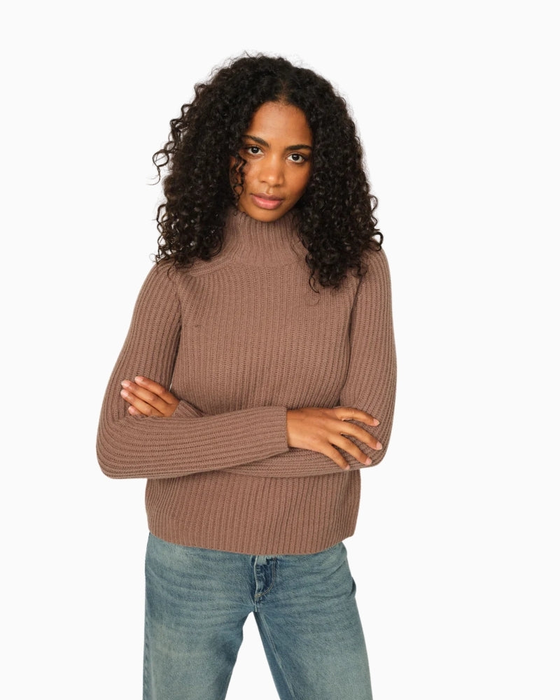 Front view of ribbed knit high-neck sweater by Mos Mosh