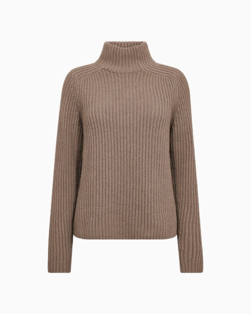 Front view of ribbed knit high-neck sweater by Mos Mosh