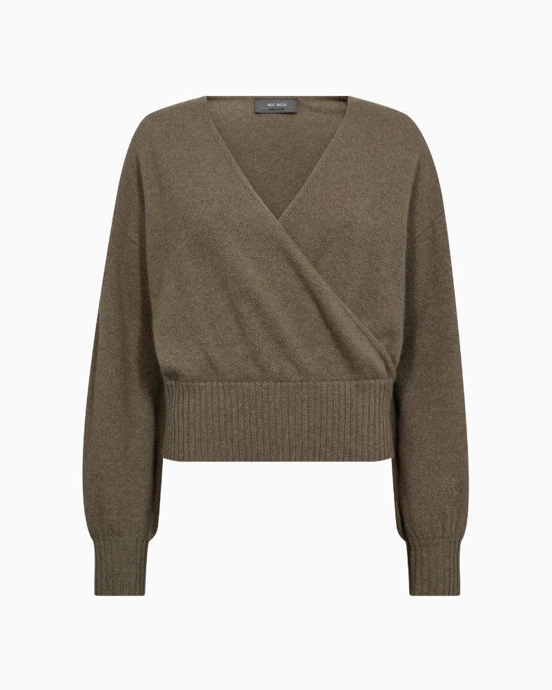 Front view of Mos Mosh Ady Wrap Knit in taupe cashmere blend with V-neck