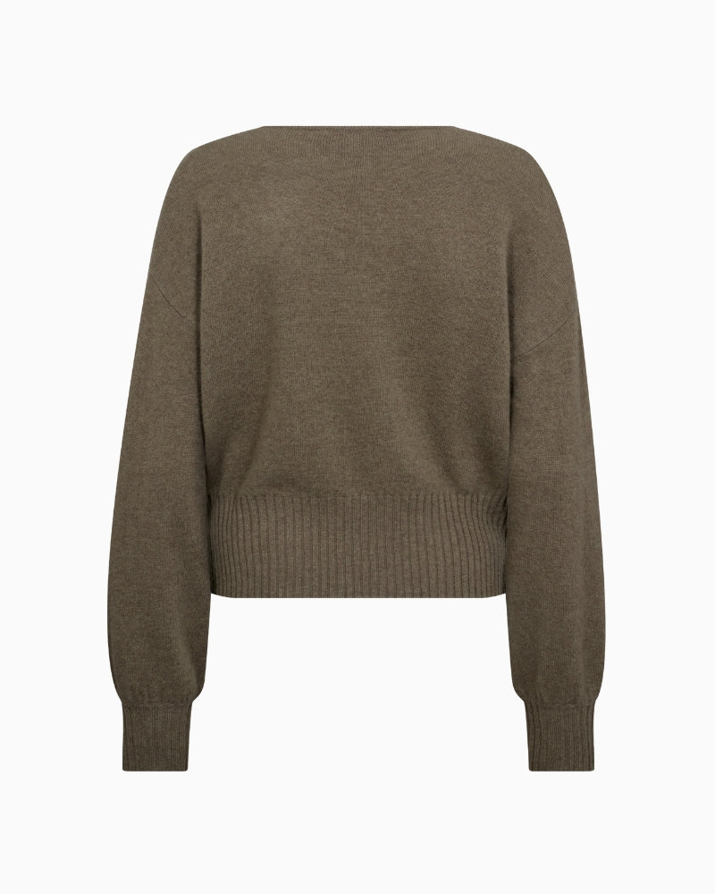 Back view of regular fit taupe jumper with ribbed hem