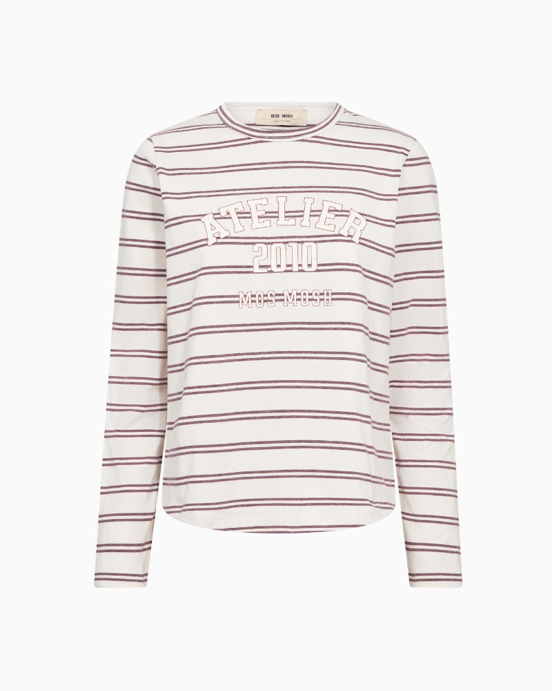 Mos Mosh Camp Stripe Tee in White and Port front view