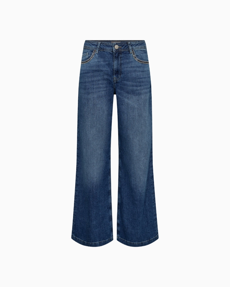 Front view of Mos Mosh Dara Deco Jeans in classic denim with lurex stitch detail