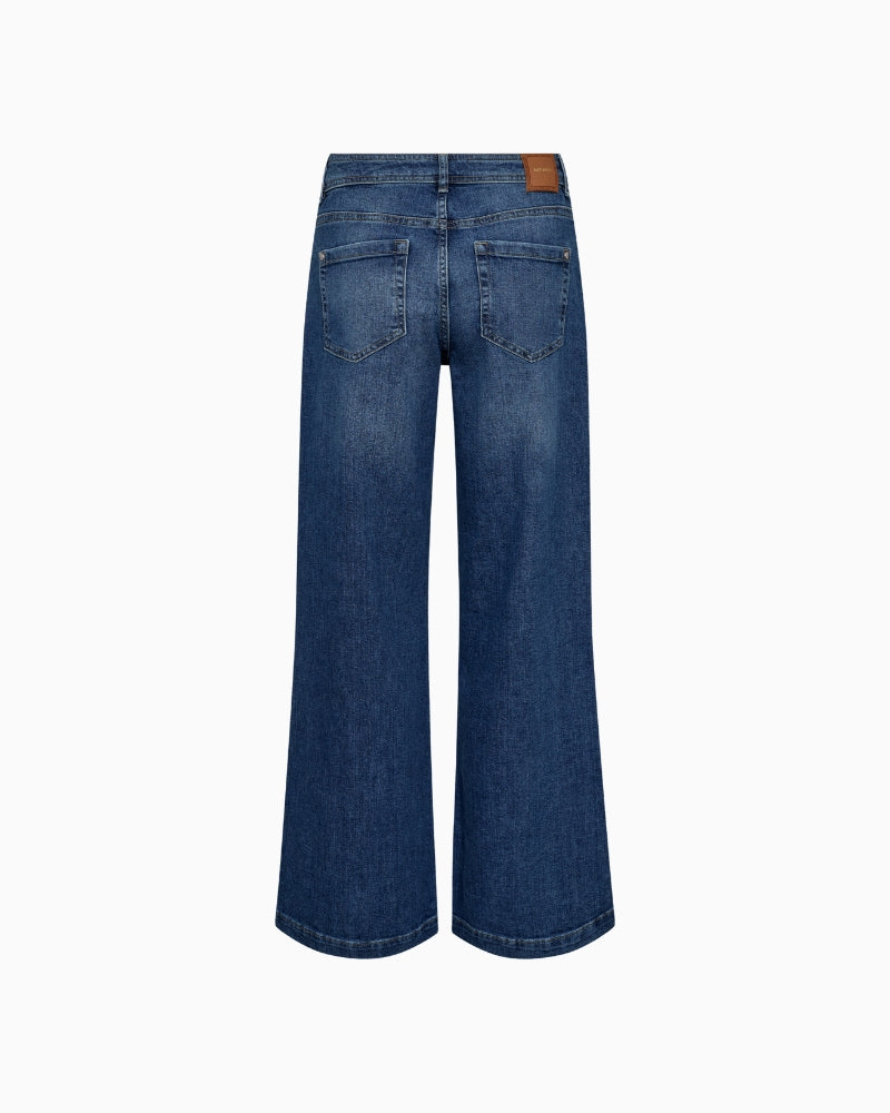 Back view of wide-leg blue jeans showing clean finish and pocket placement