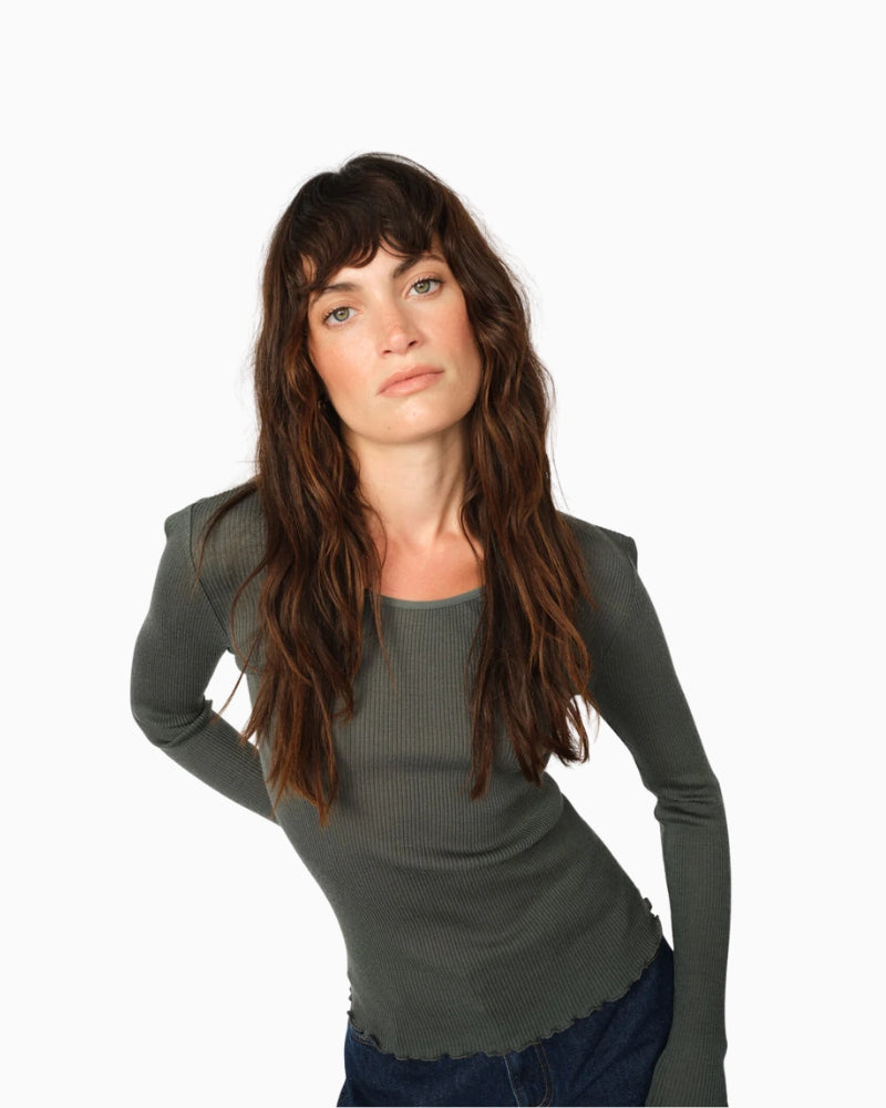 Close-up of ribbed knit fabric and ruffled cuff detail