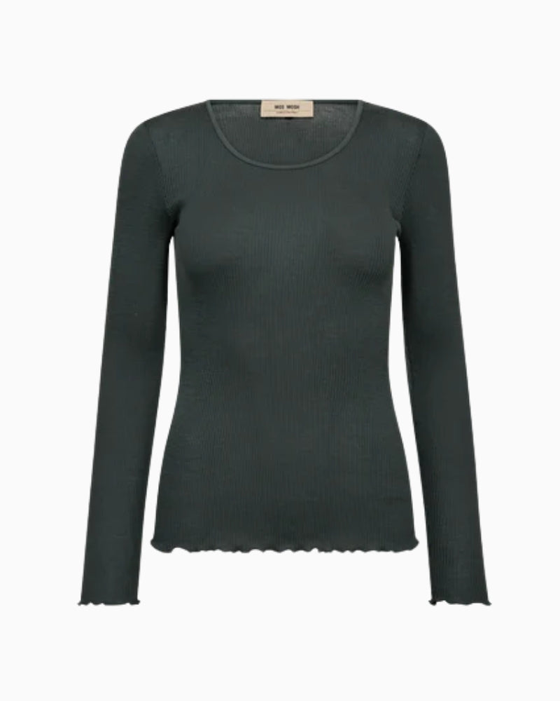 Front view of Mos Mosh Elaine Seamless Tee in ribbed wool-modal with ruffle hem