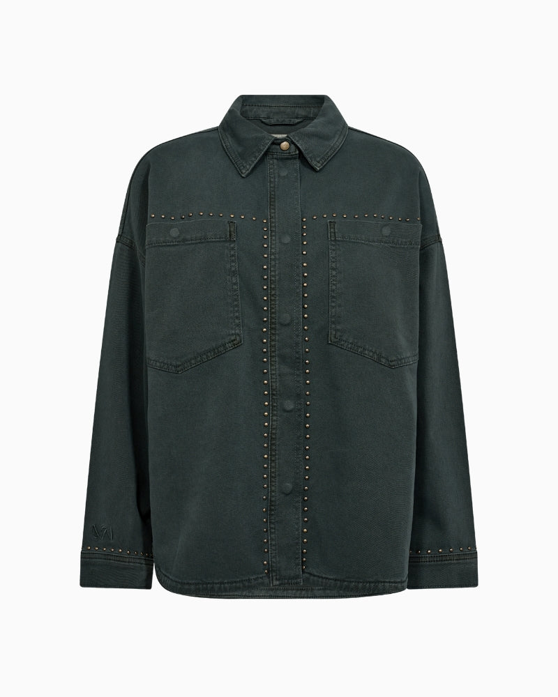 Front view of Mos Mosh Iglesia Shirt in dark green with pockets and button-down front