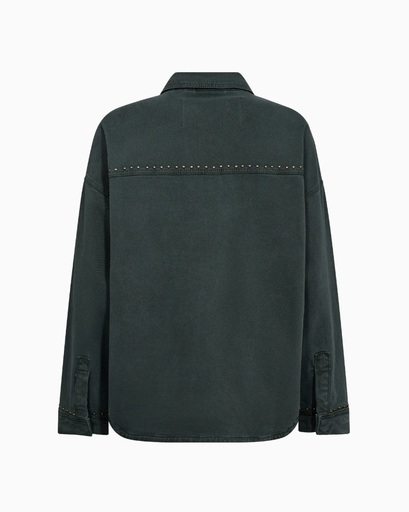 Back view of relaxed-fit dark green shirt with curved hem