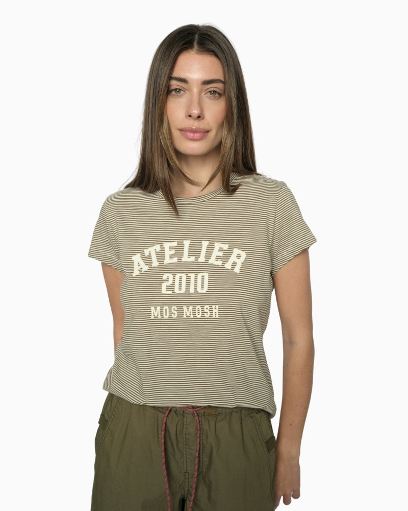 Mos Mosh MMCamp O-SS Stripe Tee in burnt olive model front view