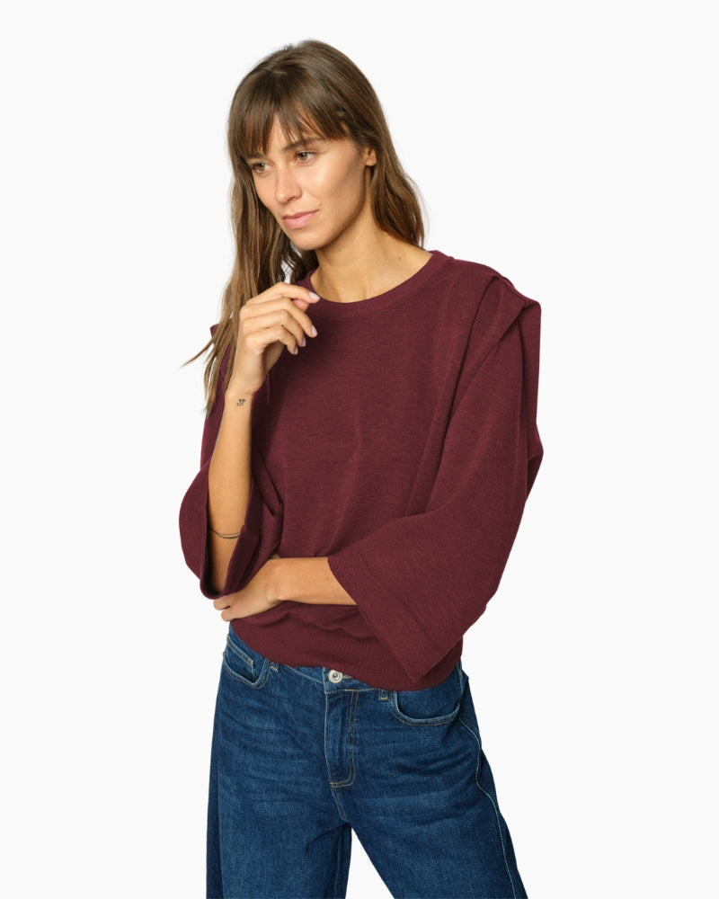 Mos Mosh Mae O-3/4 Sleeve Sweatshirt in Port puffed shoulder detail
