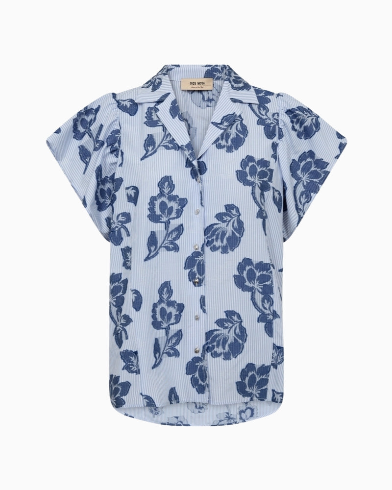 Mos Mosh Osco Stripe Jacq Shirt blue front view with floral print