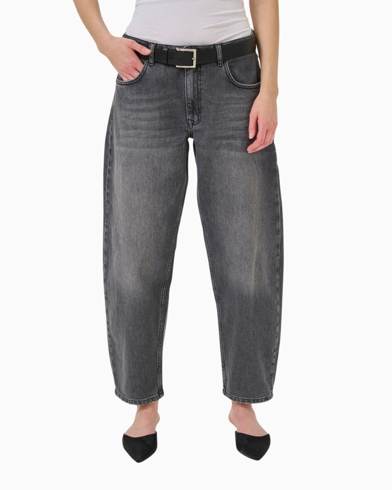 Dark grey barrel jeans by My Essential Wardrobe with high waist and curved leg