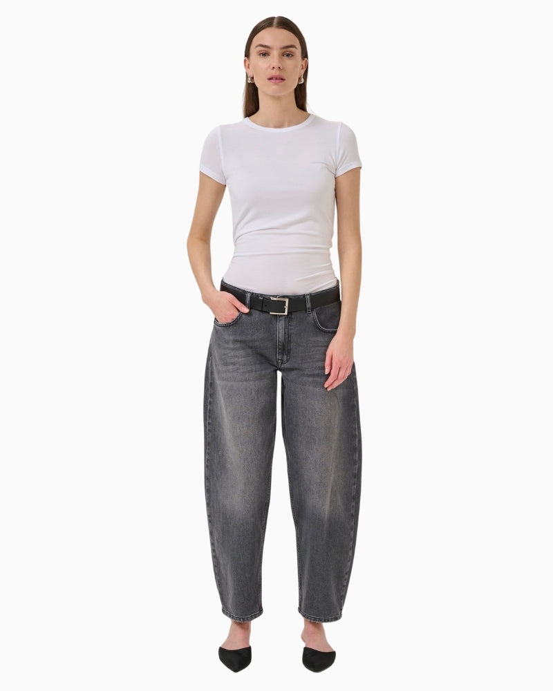 Dark grey barrel jeans by My Essential Wardrobe with high waist and curved leg