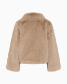 Back view of plush faux fur coat with clean seam lines