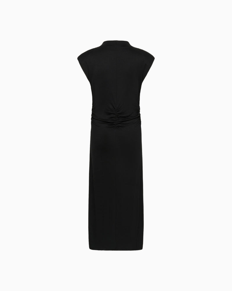 Black midi dress by My Essential Wardrobe with high neckline and ruched side