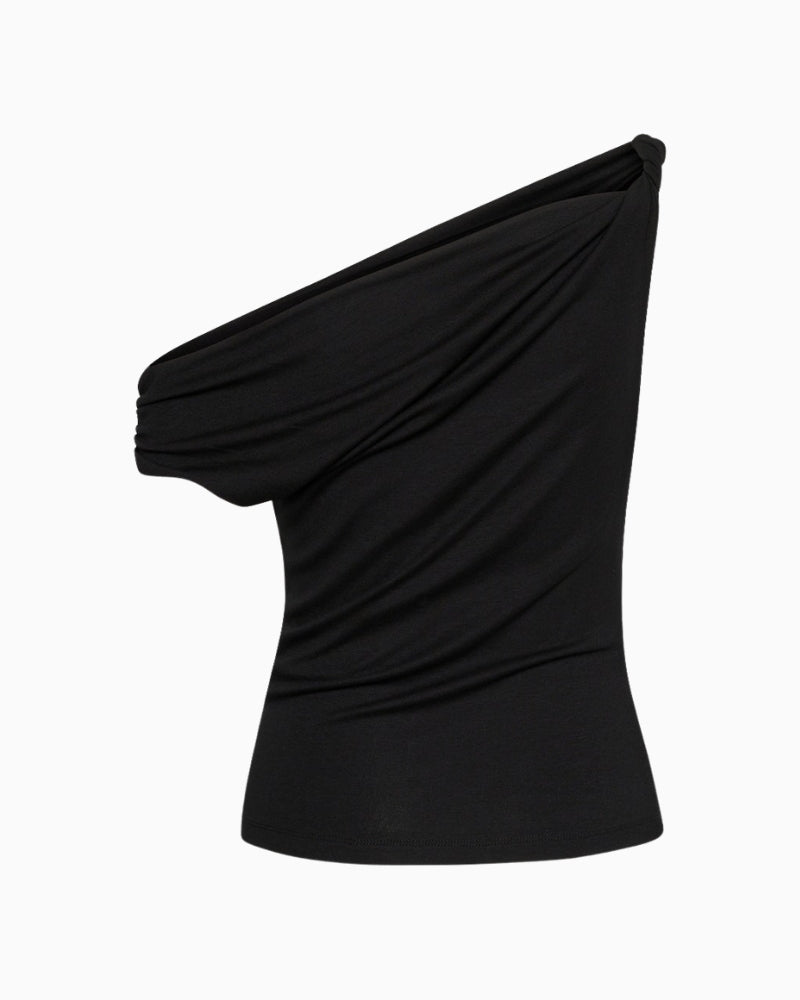 Front view of GIGGO stretch top with gathered detail and sleeveless shape