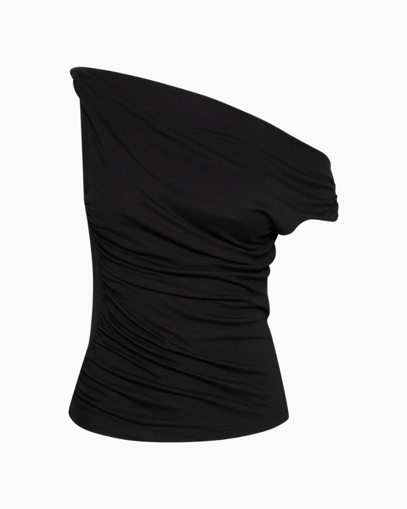 Back view of fitted one-shoulder GIGGO top in soft viscose blend
