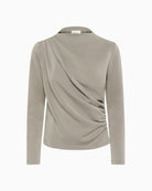 Draped Moon Mist blouse by My Essential Wardrobe with long sleeves and high neck