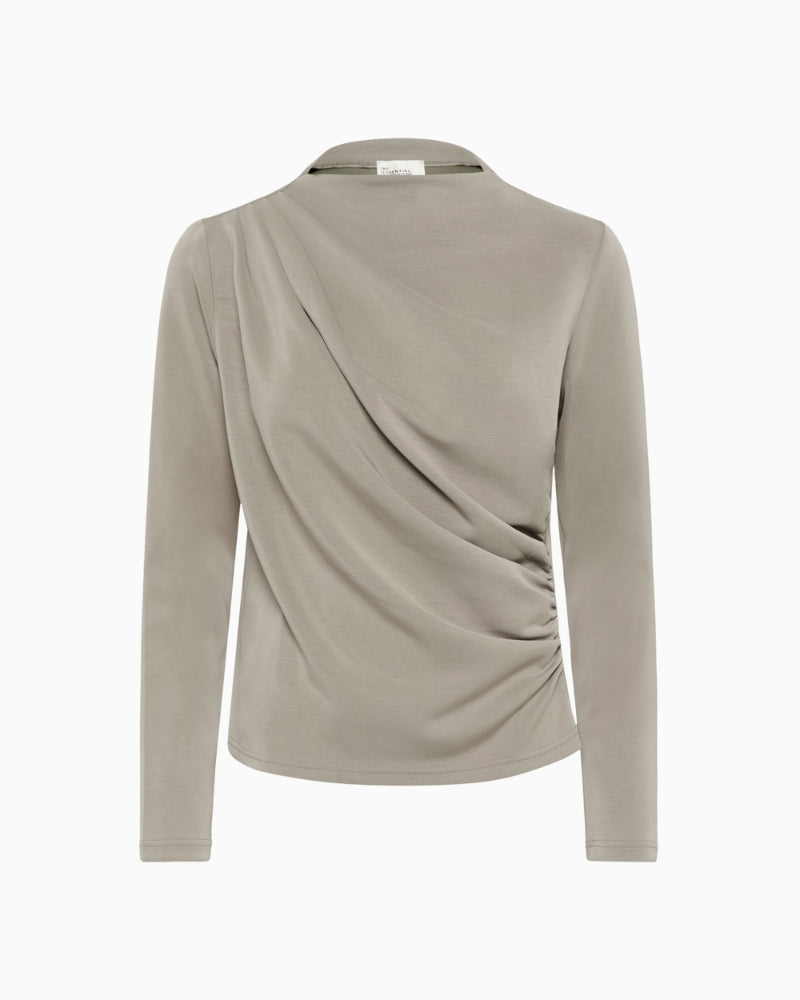 Draped Moon Mist blouse by My Essential Wardrobe with long sleeves and high neck
