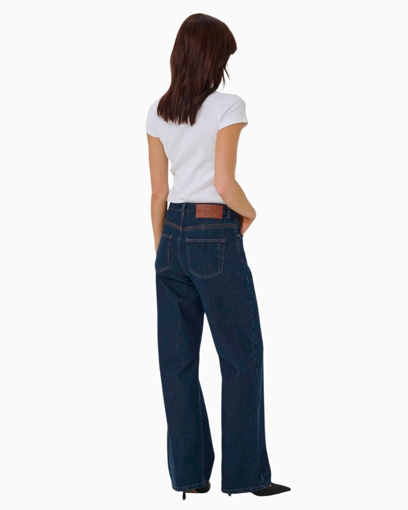 Back view of high-waisted wide-leg denim with classic five-pocket styling