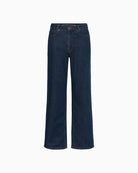 Front view of rinse blue wide-leg Karli jeans with high waist and full length