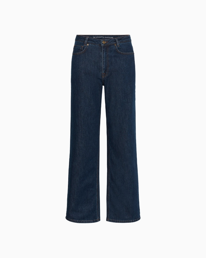Front view of rinse blue wide-leg Karli jeans with high waist and full length