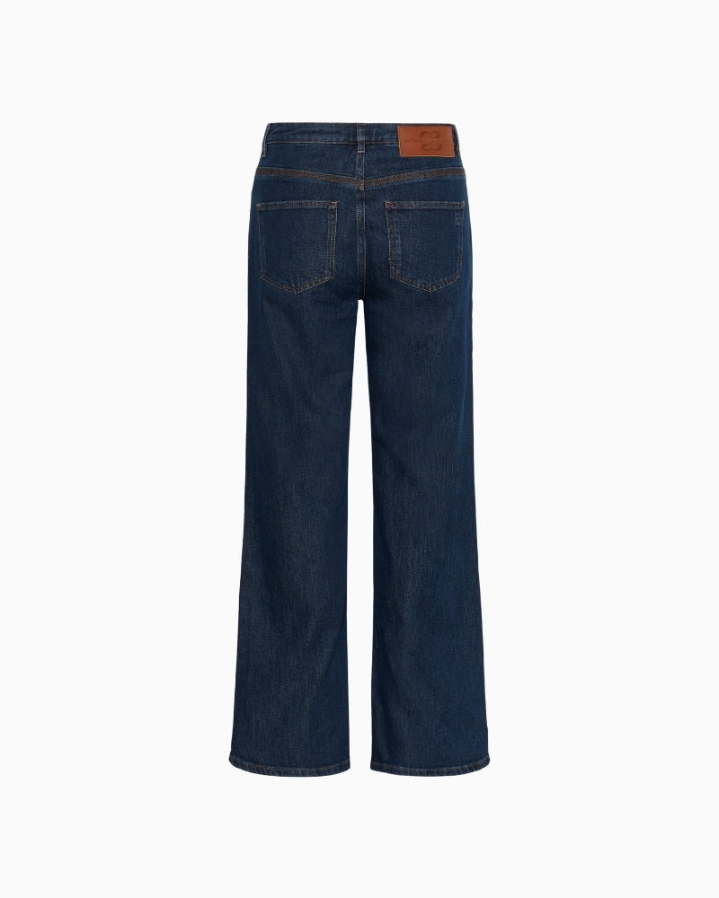 Back view of high-waisted wide-leg denim with classic five-pocket styling