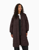 Front view of HELGA MW long bomber coat with relaxed fit and ribbed cuffs
