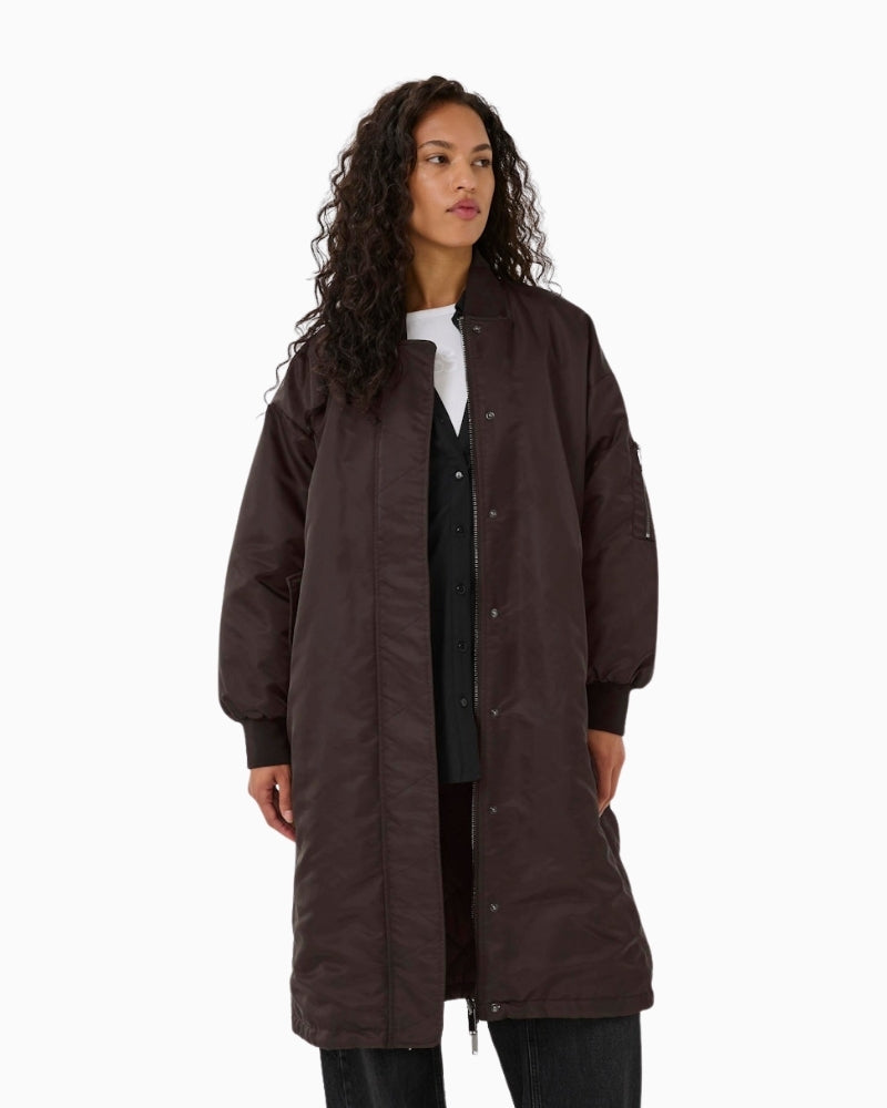 Front view of HELGA MW long bomber coat with relaxed fit and ribbed cuffs