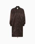 Front view of HELGA MW long bomber coat with relaxed fit and ribbed cuffs