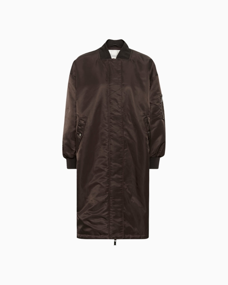 Front view of HELGA MW long bomber coat with relaxed fit and ribbed cuffs