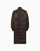 Back view of padded longline bomber coat in smooth polyamide fabric