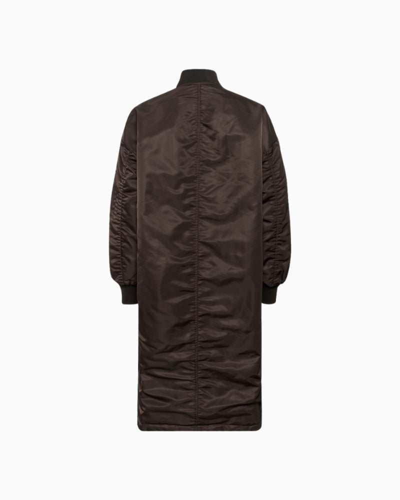 Back view of padded longline bomber coat in smooth polyamide fabric