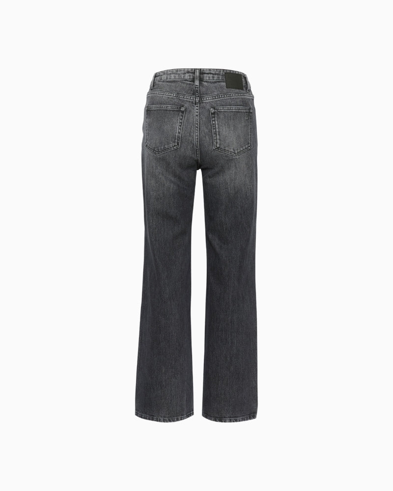 Back view of women's relaxed fit jeans with five-pocket design and full-length leg
