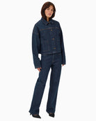 My Essential Wardrobe denim jacket styled with neutral trousers for everyday wear