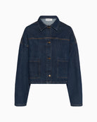 Front view of Malle denim jacket with boxy fit, patch pockets, and button closure