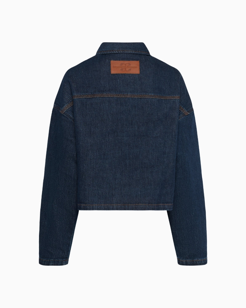 Back view of hip-length jacket in light blue stretch denim