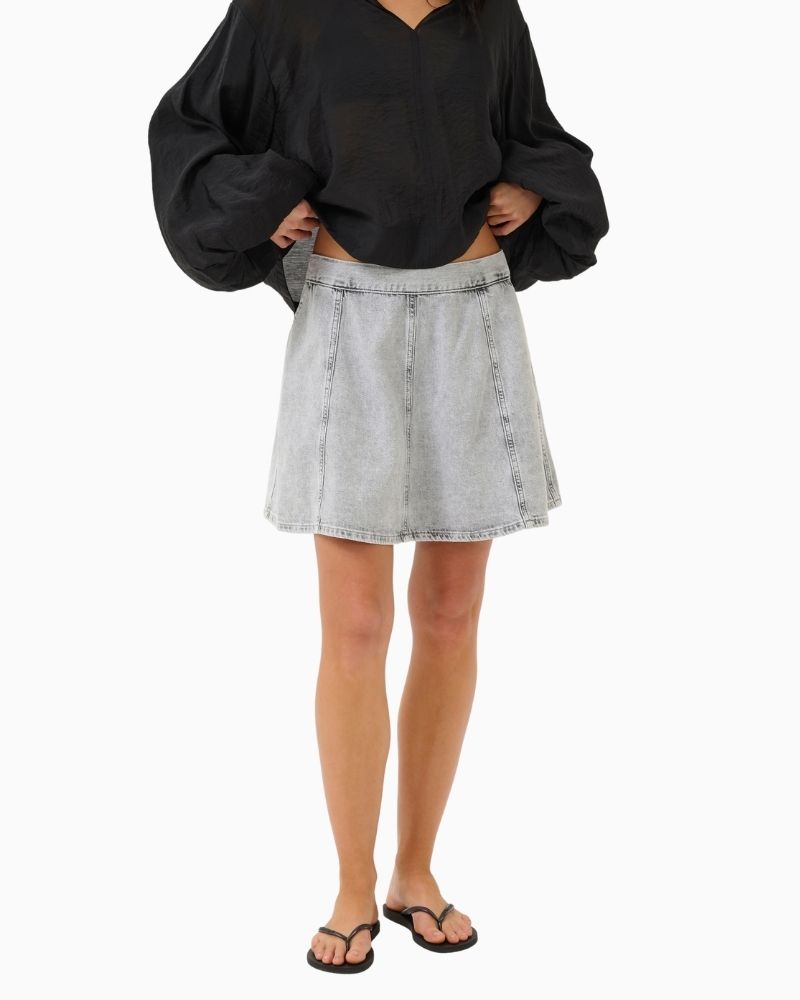 A-line blue denim mini skirt by My Essential Wardrobe with panel seams