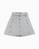 A-line blue denim mini skirt by My Essential Wardrobe with panel seams